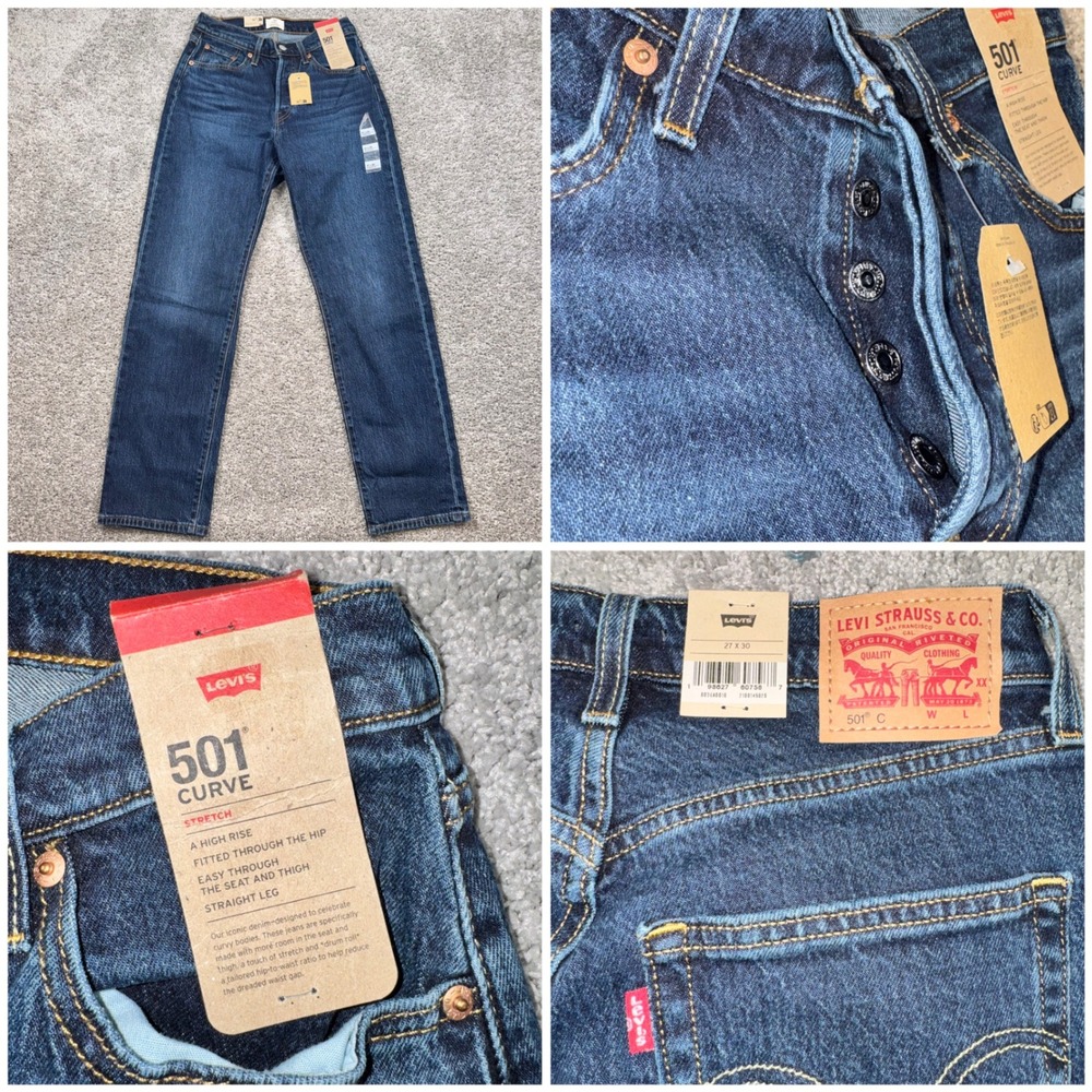 Levis 501 Curve Straight Leg Jeans Women Stretch Dark Wash 27x30 NEW